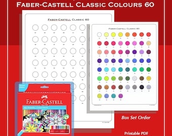 Plantilla digital de 60 muestras de colores clásicos de FaberCastell, imprimible en PDF, con gráfico prismático, para colorear a lápiz, de TCT