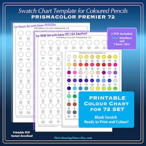 Prismacolor Premier 72 Swatch Chart Ready to Print and Colour 2X PDF Templates Names Numbers Lilac and Amethyst by TCT
