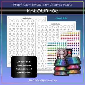 KALOUR 180 Modelo de Amostra de Cores Gráfico PDF para Impressão para 180 Lápis de Cor Kalour Preto Conjunto Imprimir Baixar Nomes e Números em Branco por TCT