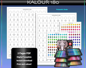 Muestra de lápiz KALOUR 180 en PDF, gráfico prismático, paleta de colores organizada, página imprimible con nombres y números, plantilla de TCT