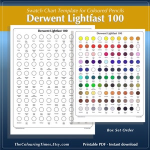 Derwent Lightfast 100 staalsjabloon voor kleurpotloden Print- en kleurenkaart voor Derwent-potloden 100 met namen en nummers