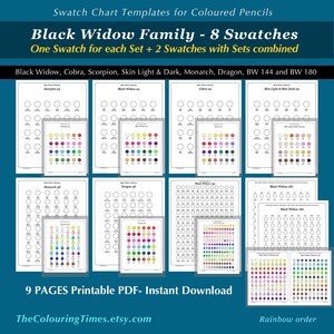 Black Widow-familie staal ALLE sets 7 afzonderlijke grafieken + 1 integratie van ALLE sets afdrukbare pdf 8 blanco grafieken om af te drukken en te kleuren