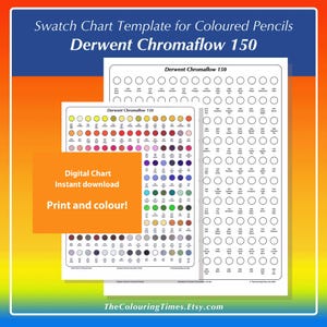 Plantilla de gráfico de muestras Derwent Chromaflow 150 en formato PDF, gráfico en blanco imprimible con nombres y números para lápices de colores, impresión y color