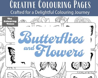 May include: A printable coloring book featuring 10 pages of butterflies and flowers. The cover features a black and white illustration of a butterfly and flowers with the title "Butterflies and Flowers".