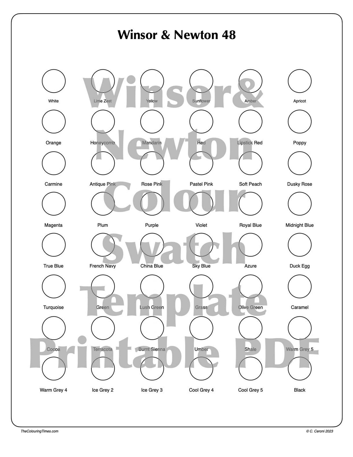 Winsor Newton 48 Swatch Chart - Printable Template PDF - Etsy