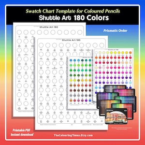 シャトルアート 180色鉛筆セット カラーチャート PDF インスタントダウンロード スウォッチテンプレート 色鉛筆 空白 印刷可能 名前と番号付き TCT製
