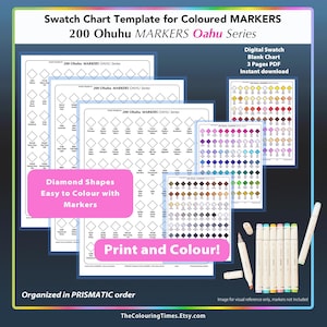 May include: A digital swatch chart template for 200 Ohuhu Oahu Series markers. The design includes diamond shapes for colouring, with the text "Print and Colour!" and "Organized in PRISMATIC order." The image also includes a reference to TheColouringTimes.Etsy.com.