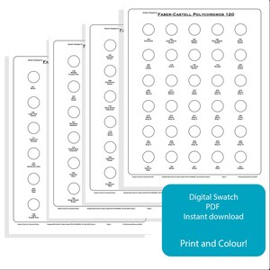 Puede incluir: Una plantilla de carta de muestra imprimible para l&aacute;pices de colores Faber-Castell Polychromos 120. La plantilla presenta 120 c&iacute;rculos para cada color, con el n&uacute;mero de color correspondiente listado junto a cada c&iacute;rculo. La plantilla est&aacute; dise&ntilde;ada para ayudar a artistas y artesanos a organizar y mostrar sus l&aacute;pices de colores.