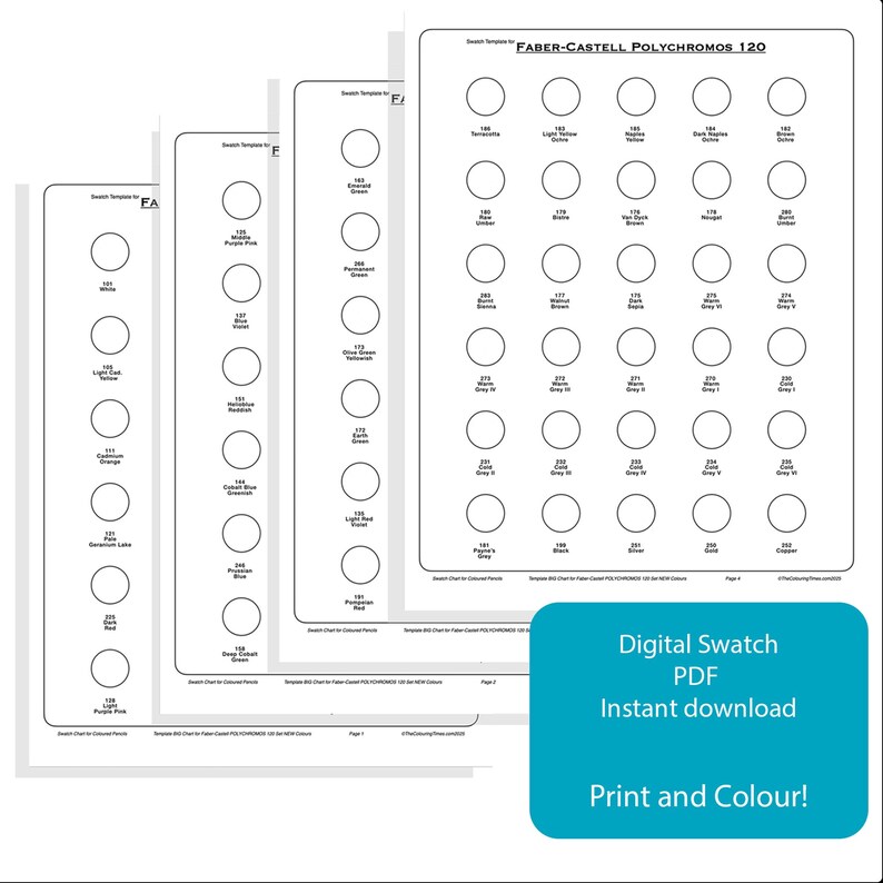 Puede incluir: Una plantilla de carta de muestra imprimible para l&aacute;pices de colores Faber-Castell Polychromos 120. La plantilla presenta 120 c&iacute;rculos para cada color, con el n&uacute;mero de color correspondiente listado junto a cada c&iacute;rculo. La plantilla est&aacute; dise&ntilde;ada para ayudar a artistas y artesanos a organizar y mostrar sus l&aacute;pices de colores.