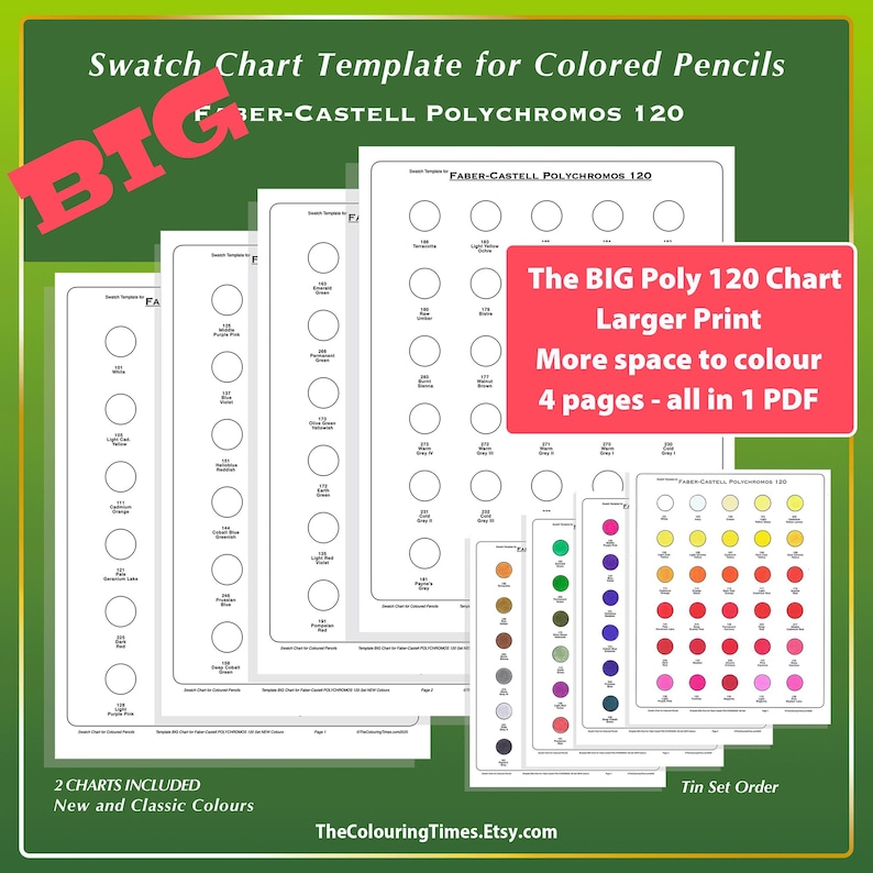 Tabla de muestras BIG Polychromos Faber-Castell 120, plantilla de impresión grande, 4 páginas, PDF, nombres, números para lápices de colores, página para colorear Polys imagen 1