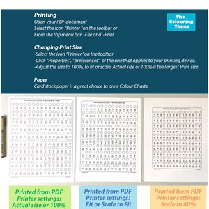 May include: Three examples of how to print color charts from a PDF document. The first example shows the chart printed at 100% size. The second example shows the chart printed to fit or scale to the page. The third example shows the chart printed at 80% size.