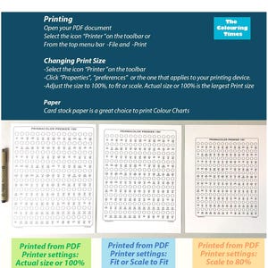 Puede incluir: Tres tablas de colores imprimibles para usar con l&aacute;pices de colores Prismacolor Premier 150. Las tablas se imprimen desde un archivo PDF y muestran las diferentes configuraciones de impresi&oacute;n: tama&ntilde;o real o 100%, ajustar o escalar para ajustar, y escalar al 80%.