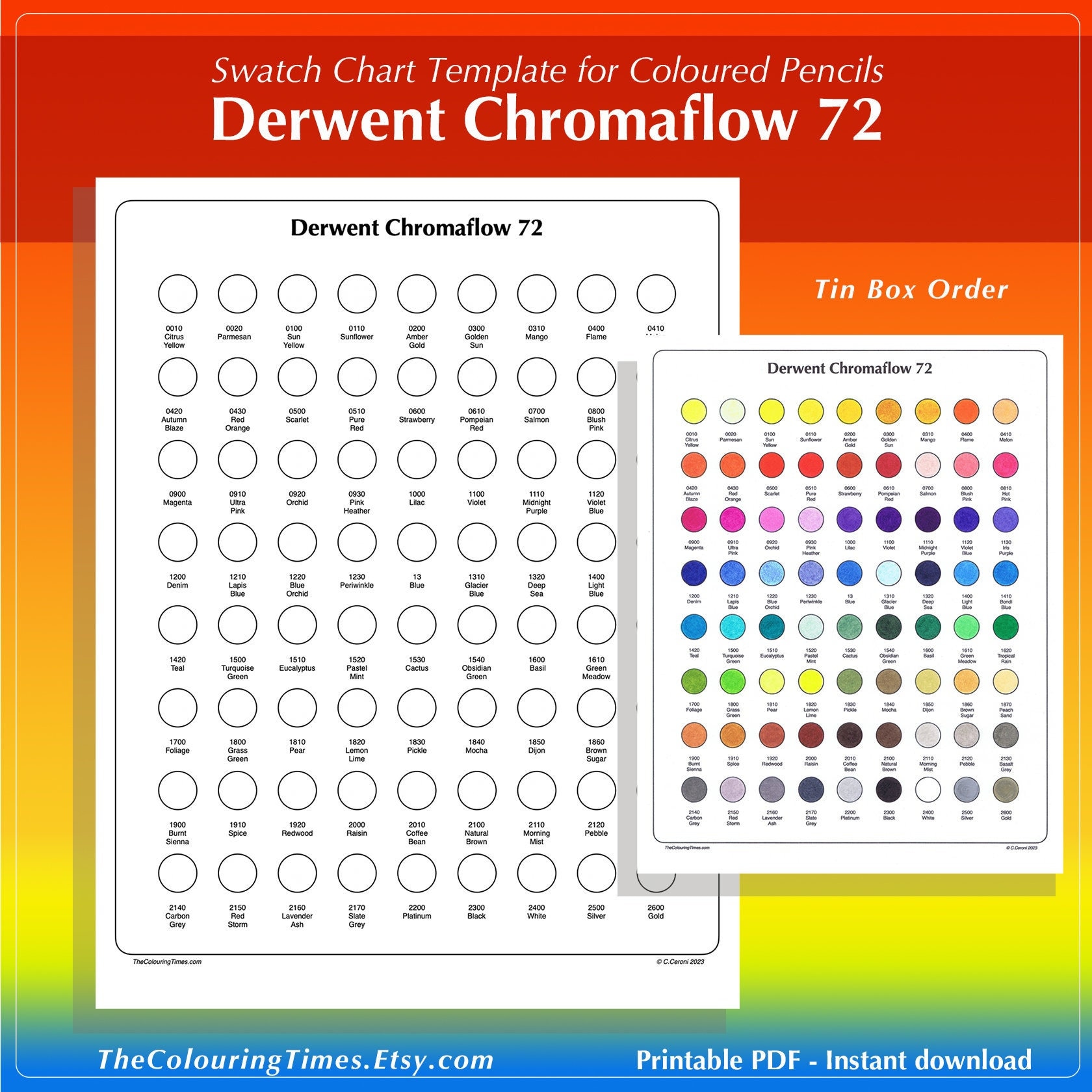 72 Chromaflow Derwent Swatch Printable Chart PDF Template for