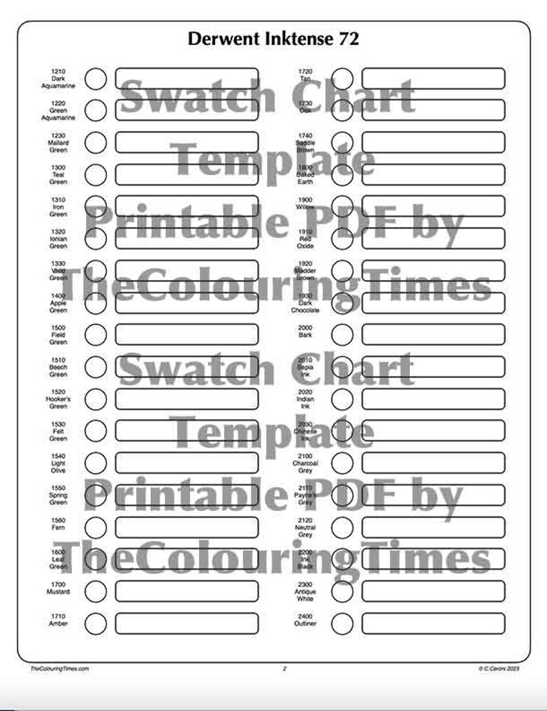 72 Inktense Derwent PDF Swatch Template Double Page Wet Dry Chart for ...
