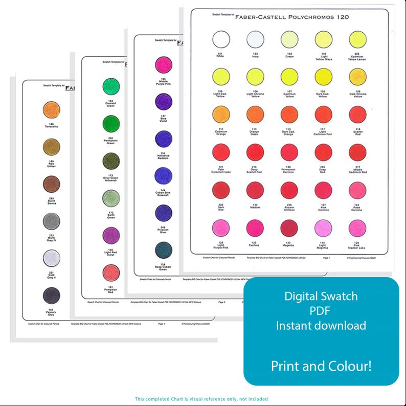 Puede incluir: Una carta de colores para l&aacute;pices de colores Faber-Castell Polychromos 120. La carta muestra 120 colores diferentes, cada uno con un c&iacute;rculo que muestra el color y el n&uacute;mero correspondiente. La carta est&aacute; etiquetada como "Swatch Templates for Faber-Castell Polychromos 120 Colored Pencils".