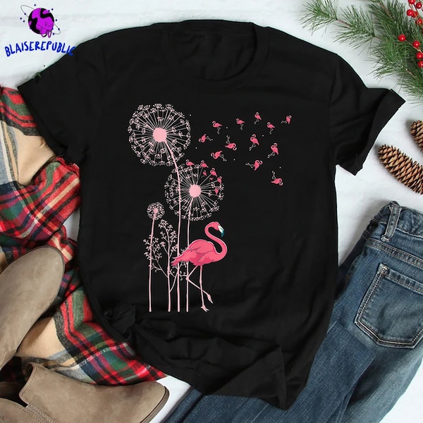 Flower Dandelion Exotic Animal Tropical Bird Pink Flamingo Tshirt, Pink Flamingo Tshirt, Flamingo Gift Shirt, Flamingo Gifts, Tropical Vibe