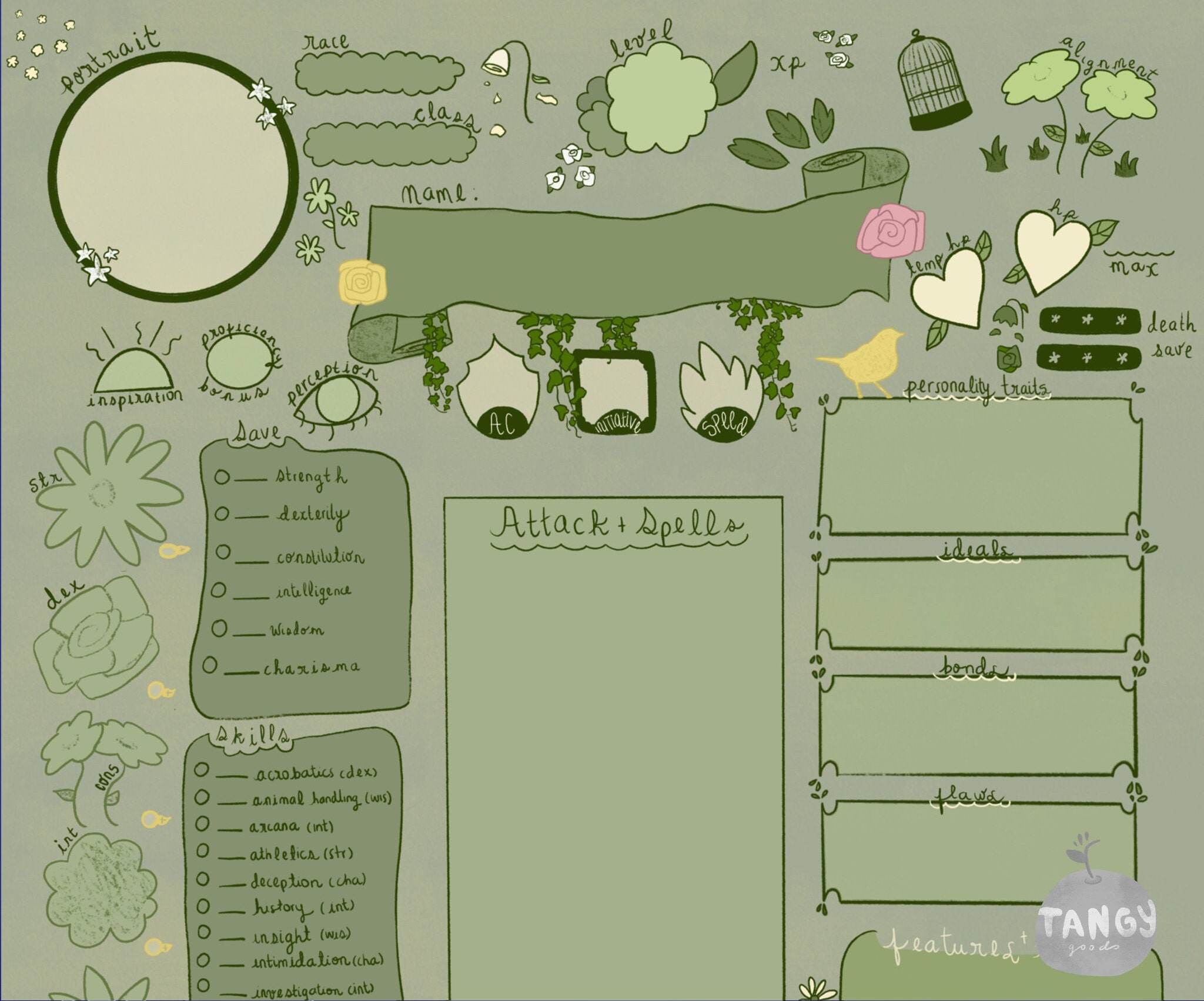 D&D 5e Character Sheet PDF Printable for Dungeons and Dragons Botanical Flower Sketchy