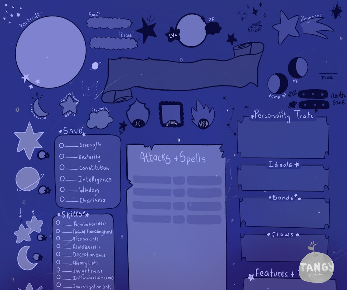 D&D 5e Character Sheet PDF Printable for Dungeons and Dragons Astral Cute Sketchy Style Etsy