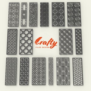 May include: A set of 18 black and white geometric patterns, ideal for laser cutting or CNC projects. The patterns are arranged in a grid on a white background. The text "Crafty Files Design" is in red at the bottom of the image.