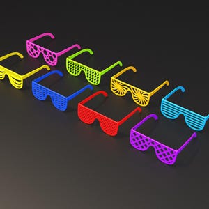 May include: Eight pairs of colourful plastic sunglasses with different patterned lenses. The sunglasses are arranged in a row from left to right, with the yellow pair at the top and the purple pair at the bottom.