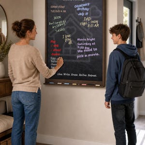 May include: A large rectangular wall-mounted chalkboard with a dark wood frame and a bottom ledge holding coloured chalk. The board features handwritten notes including Hello, Family!, grocery lists, and the text Live. Write. Erase. Relive. Repeat.