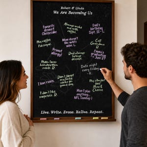 May include: A rectangular wall-mounted chalkboard with a dark wood frame. The board features the text "Robert & Linda We Are Becoming Us" at the top and "Live. Write. Erase. Relive. Repeat." at the bottom, with various handwritten notes in chalk.