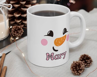 Custom Name Christmas Coffee Mug - Personalized Snowman Face Hot Chocolate Mug Gift For Family & Friends