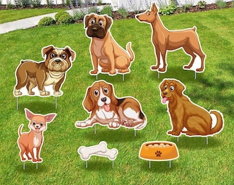 May include: A set of six colorful dog yard signs, featuring different breeds of dogs, including a bulldog, a chihuahua, a beagle, a golden retriever, a boxer, and a doberman pinscher. The signs are perfect for adding a playful touch to your yard.