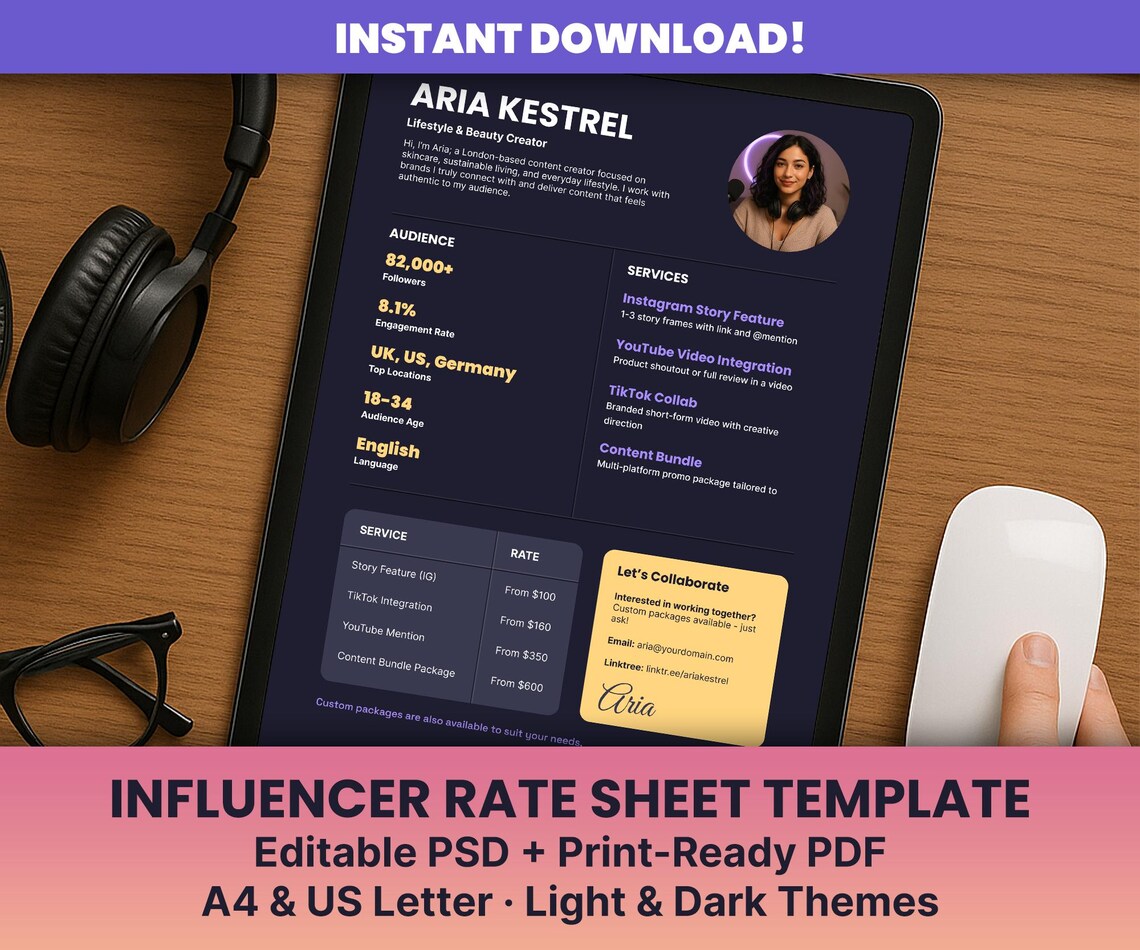 Influencer Rate Sheet Template – Editable PSD + PDF – A4 + US Letter ...