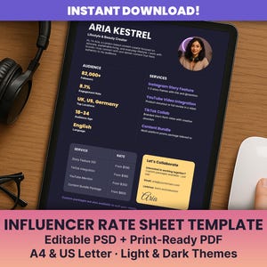 Influencer Rate Sheet Vorlage - Bearbeitbar PSD + PDF - A4 + US Letter - Helles und Dunkles Thema