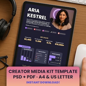 以下が含まれることがあります： 黒と白のデジタルメディアキットテンプレート。暗い背景に紫色のアクセントが施されています。テンプレートには女性の画像、主要な統計、オーディエンスのデモグラフィック、および「CREATOR MEDIA KIT TEMPLATE PSD + PDF. A4 & US LETTER INSTANT DOWNLOAD!」というテキストが含まれています。