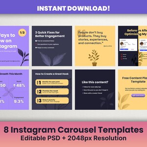 May include: An Instagram carousel template set with eight different layouts. Each template features a unique design with text and graphics, including tips for engagement, growth, and content planning. The templates are editable in PSD format.