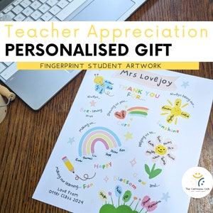 Regalo de agradecimiento personalizado para maestros, obra de arte con huellas dactilares imprimible, manualidad de verano de fin de año escolar, agradecimiento para maestros