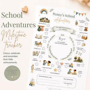 Op de afbeelding: Een wit mijlpaal-trackerblad getiteld Penny's School Adventures met aquarelillustraties van schoolactiviteiten, stervormige selectievakjes voor het bijhouden van voortgang, een centraal cirkelvormig kader voor een zelfportret en tekstvelden voor herinneringen.