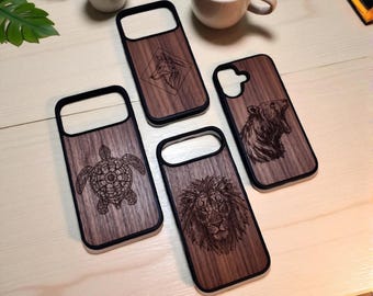 Iphone 17 wood case, mobile phone case made of walnut wood with engraving compatible with IPhone 17 series