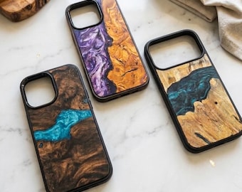 Handgefertigte iPhone Hülle aus Holz & Epoxidharz | Einzigartige Natur Handyhülle | Nachhaltiges Unikat Geschenk mit warmen Erdtönen