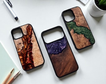 Handmade iPhone case made of wood and epoxy resin | Unique natural phone case | Sustainable one-of-a-kind gift with warm earth tones
