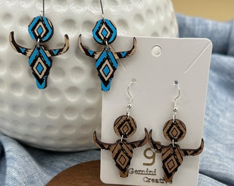 Aztec Bull Skull Dangle Earrings: Handpainted Western Jewelry