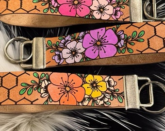 Leather Wristlet Keychain with Floral Pattern