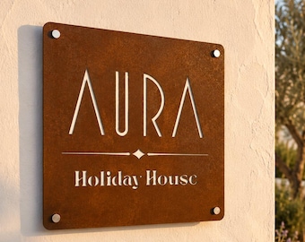 Custom Square Corten Sign | Laser Cut Through | Villa, B&B, Vacation Home | Custom Perforated Corten Sign