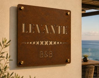 Enseigne carrée personnalisée en acier Corten | Découpe laser | Villa, chambre d'hôtes, maison de vacances | Enseigne perforée personnalisée en acier Corten