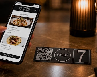 Custom 3mm Black DiBond Laser Table Number | QR Code Menu + Logo + Number | Beach Club Restaurant