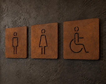 CorTen Bathroom Sign, Customized Laser | Men's, Women's, and Disabled WCs | Restaurant, Hotel, and Office