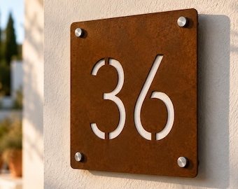 Corten Steel House Number Plate | Laser Cut | Custom Font | Entrance Sign for Home, Villa, Apartment, B&B
