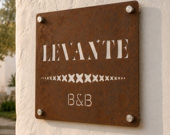 Enseigne carrée personnalisée en acier Corten | Découpe laser | Villa, chambre d'hôtes, maison de vacances | Enseigne perforée personnalisée en acier Corten