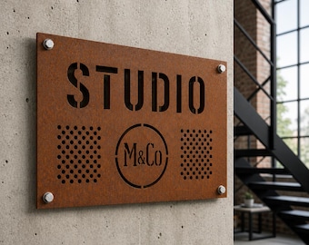 Custom metal sign | CorTen plaque with custom lettering | Sheet metal decoration for garages, restaurants, and workshops.