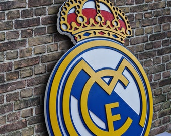 Logo Real Madrid CF in legno, stemma Real Madrid CF, Logo 3D Real Madrid CF da parete, Liga