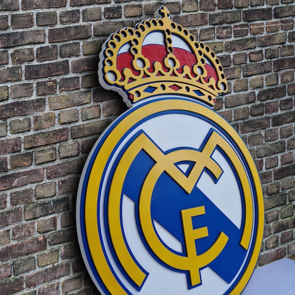 Logo en bois du Real Madrid CF, armoiries du Real Madrid CF, logo mural 3D du Real Madrid CF, La Liga