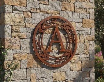 Personalized metal sign with monogram | Wall decoration with initial and family name | Sheet metal decoration for villa