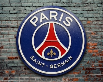 Logo PSG in legno, stemma Paris Saint Germain, Logo 3D Paris Saint-Germain da parete, Ligue 1